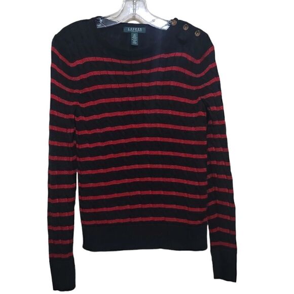 Ralph Lauren Women's Black and Red Stripe Sweater Sz Petite Small - Picture 1 of 6